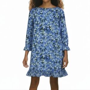 Tahari ASL Dress Size 12 Blue Floral Ruffled Cuffs Hem 3/4 Sleeve Back Zip Lined